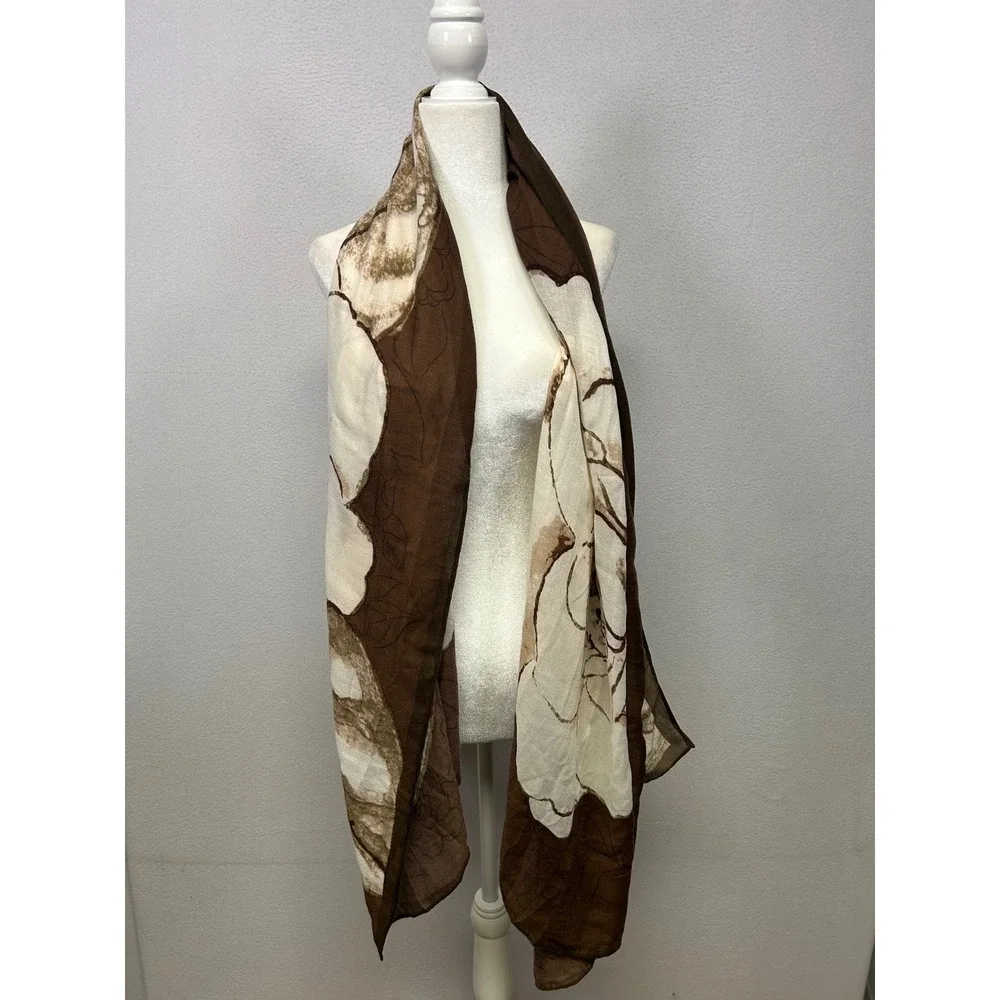 Boho Earthy Womens OS Brown Cream Floral Leaf Viscose Scarf Shawl